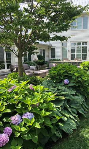 backyard patio landscaping with purple lilacs